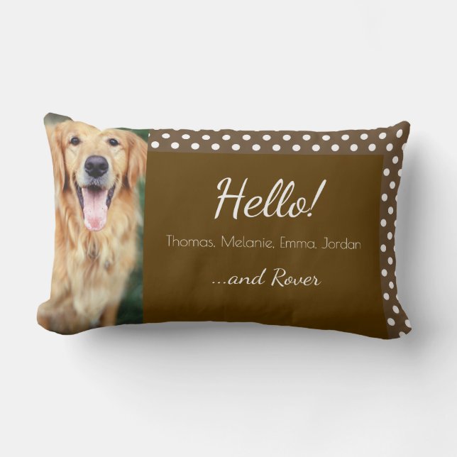 Dog Photo and Family Name Polka Dot Brown Lumbar Pillow (Front)
