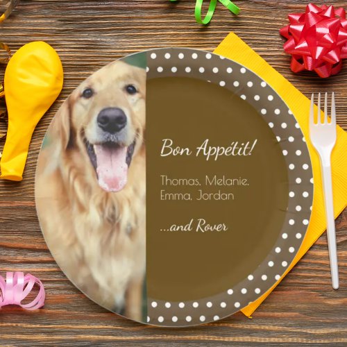 Dog Photo and Family Name Polka Dot Brown Paper Plates