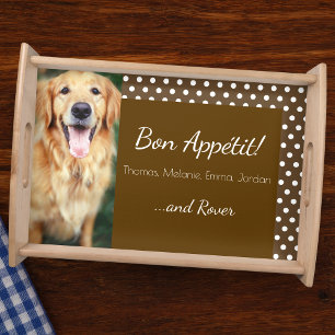 Dog Photo and Family Name Polka Dot Brown Serving Tray