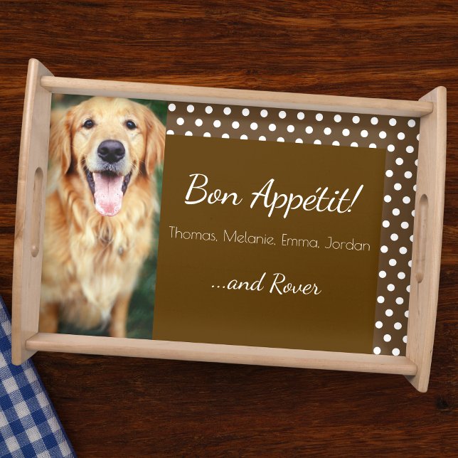 Dog Photo and Family Name Polka Dot Brown Serving Tray (Creator Uploaded)