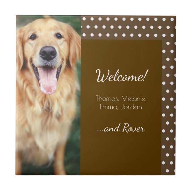 Dog Photo and Family Name Polka Dot Brown Welcome Ceramic Tile (Front)