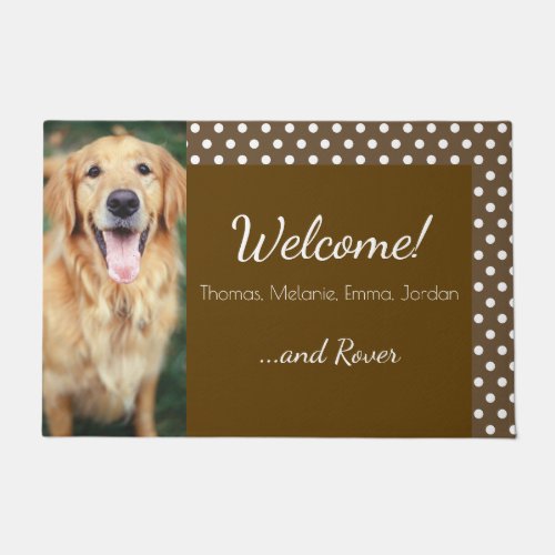 Dog Photo and Family Name Polka Dot Brown Welcome Doormat