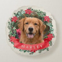 Dog Photo and Name Poinsettia Wreath Holiday Plaid