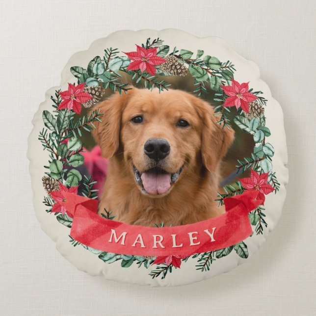 Dog Photo and Name Poinsettia Wreath Holiday Plaid Round Pillow (Front)