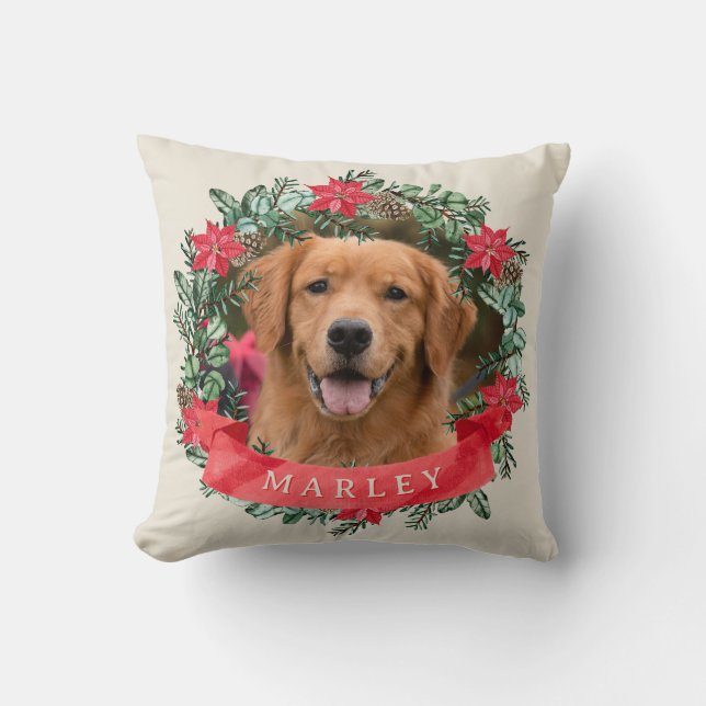 Dog Photo and Name Poinsettia Wreath Holiday Plaid Throw Pillow (Front)