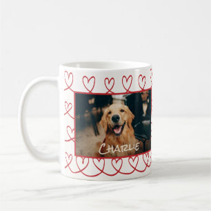 Dog Photo and Name Red Hand-Drawn Heart Pattern Coffee Mug