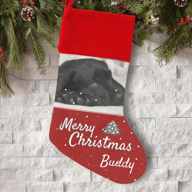 Dog Photo and Name Red Merry Christmas Christmas Stocking (Creator Uploaded)
