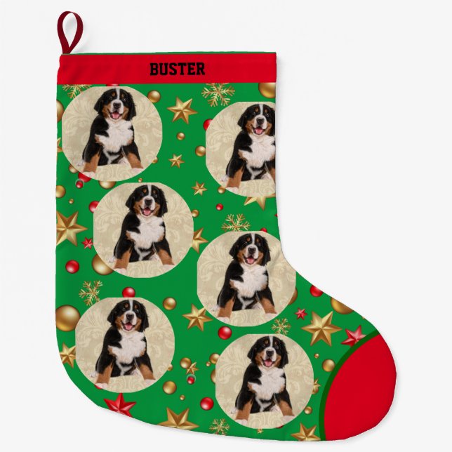 Dog Photo As Repeating Circles Add Pet Name Large  Large Christmas Stocking (Front)