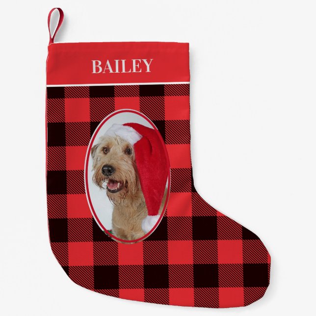 Dog Photo Buffalo Plaid Small Christmas Stocking (Front)