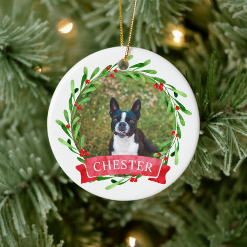 Dog Photo Christmas Wreath Ceramic Ornament