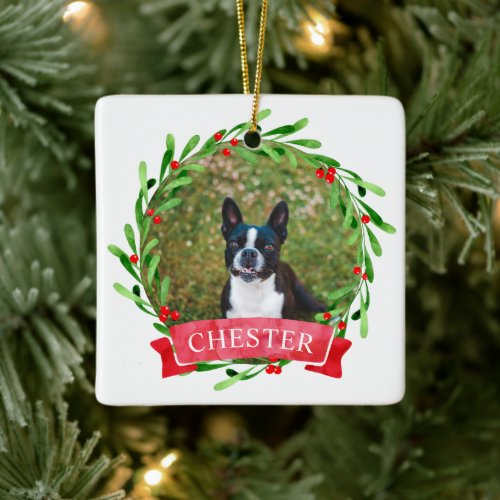 Dog Photo Christmas Wreath Ceramic Ornament