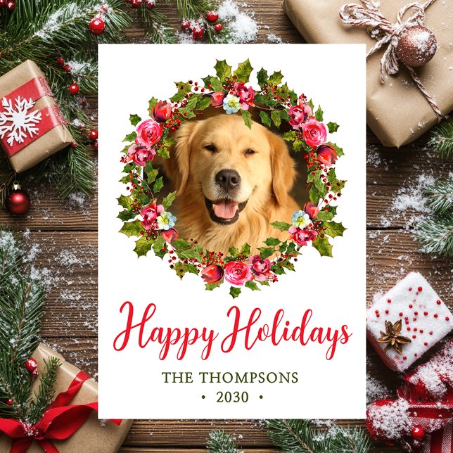 Dog Photo Christmas Wreath Holiday Card (Creator Uploaded)