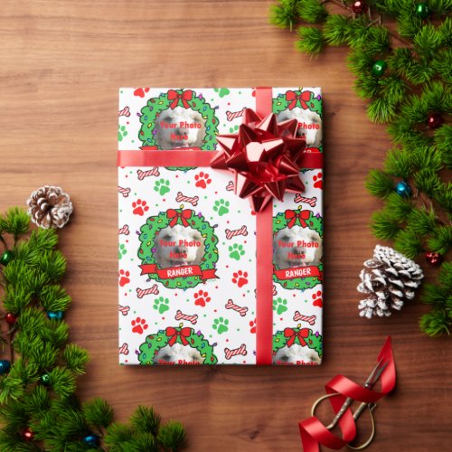 Dog Photo Christmas Wreath Pattern Wrapping Paper