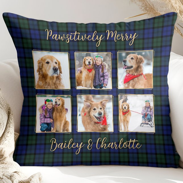 Dog Photo Collage 6 Custom Modern Holiday Plaid Throw Pillow (Creator Uploaded)