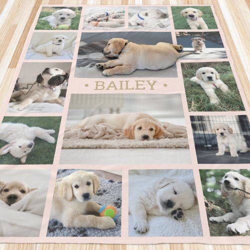 Dog Photo Collage Cute Modern Blush Pink and Gold Fleece Blanket