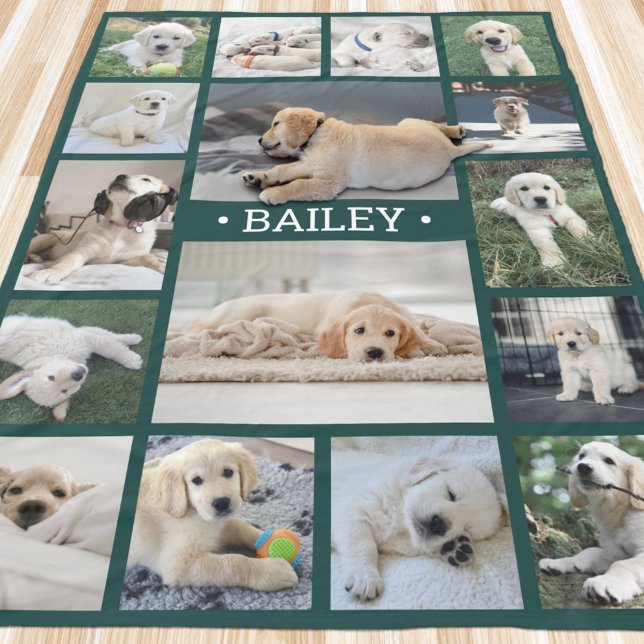 Dog Photo Collage Cute Modern Green and White Fleece Blanket (Creator Uploaded)