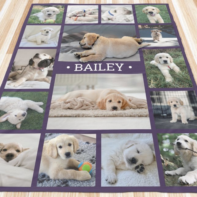 Dog Photo Collage Cute Modern Purple and White Fleece Blanket (Creator Uploaded)
