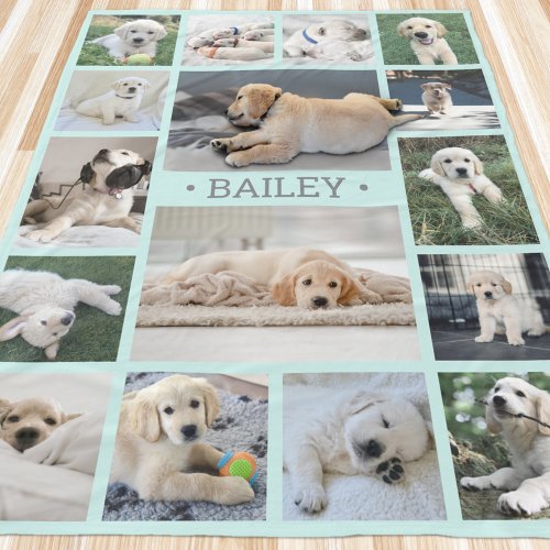 Dog Photo Collage Cute Modern Teal Blue and Gray Fleece Blanket