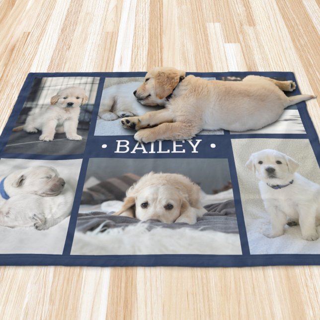 Dog Photo Collage Cute Simple Navy Blue and White Fleece Blanket (Creator Uploaded)