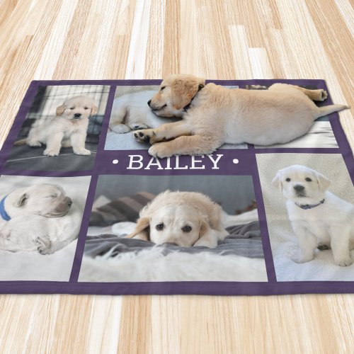 Dog Photo Collage Cute Simple Purple and White Fleece Blanket