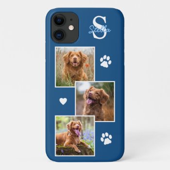 Dog Photo Collage Monogram Blue Pet Iphone 11 Case by BlackDogArtJudy at Zazzle