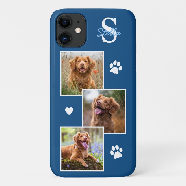 Dog Photo Collage Monogram Blue Pet Case-Mate iPhone Case (Back)