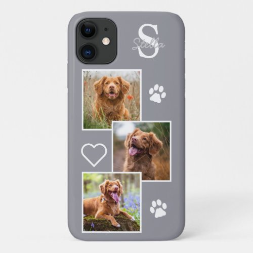 Dog Photo Collage Monogram Silver Gray Pet iPhone 11 Case