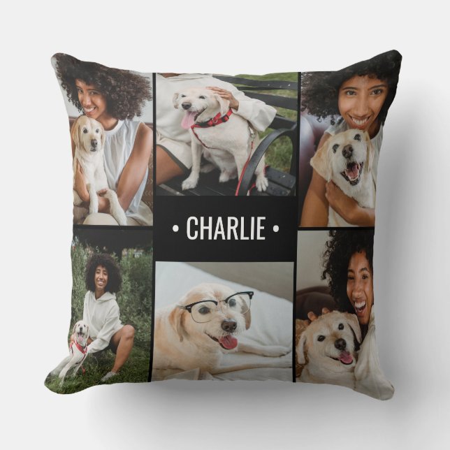 Dog Photo Collage Monogrammed Throw Pillow (Front)