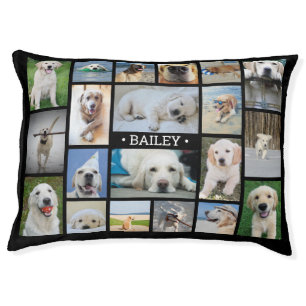 Dog Photo Collage Name Black Modern Elegant Puppy Pet Bed