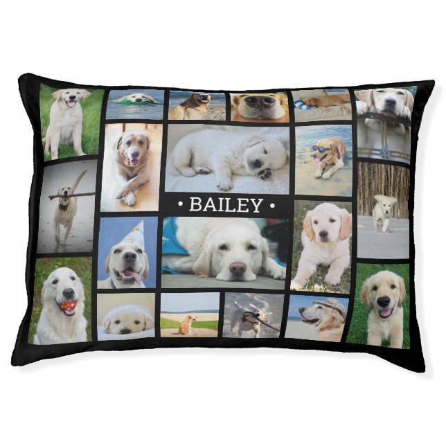 Dog Photo Collage Name Black Modern Elegant Puppy Pet Bed (Front)