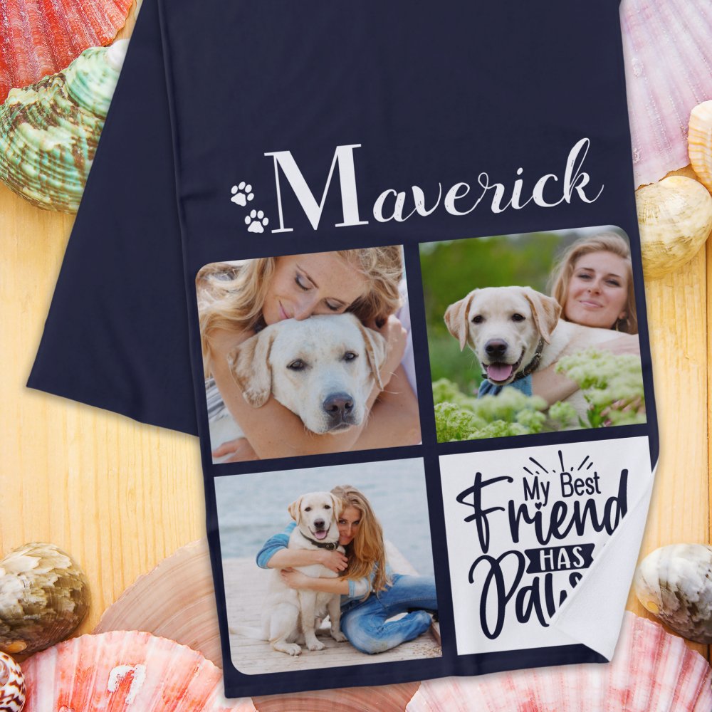 Discover Dog Photo Collage Personalized Monogram Navy Blue Beach Towel