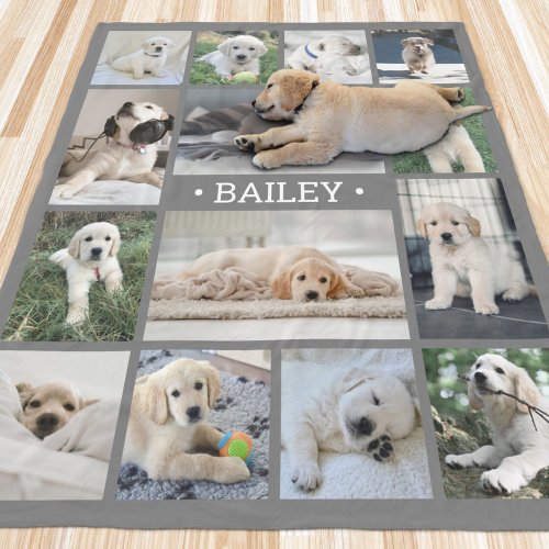 Dog Photo Collage Simple Modern Gray and White Fleece Blanket