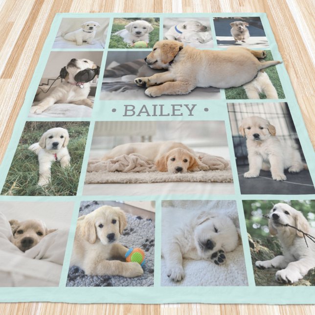 Dog Photo Collage Simple Modern Teal Blue and Gray Fleece Blanket (Creator Uploaded)