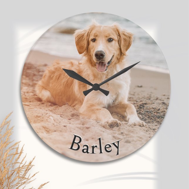 Dog Photo Custom Name Pet Picture Stylish Large Clock (A stylish wall clock with custom pet photo and name)