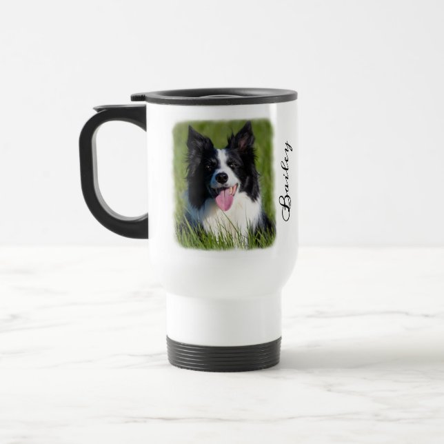 Dog Photo Faded Border Personalized Name and Quote Travel Mug (Left)