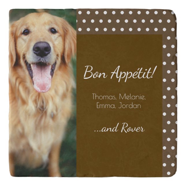Dog Photo Family Name Polka Dot Brown Trivet (Front)