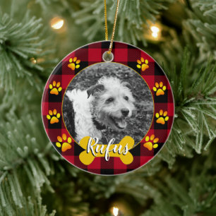 Dog photo, family puppy, bone, paws, buffalo Plaid Ceramic Ornament