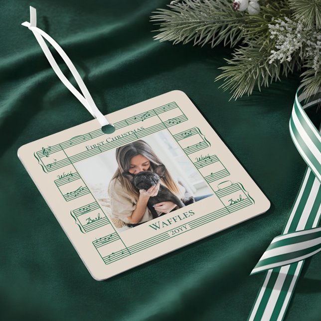 Dog Photo First Christmas Woof Woof Sheet Music Metal Ornament (Dog Photo First Christmas Woof Woof Sheet Music Metal Ornament)