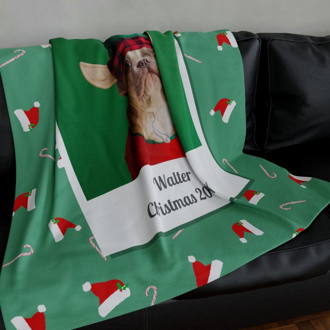 Dog Photo Green Custom Christmas Fleece Blanket (A fun and festive cozy throw blanket with space for your photo and name)