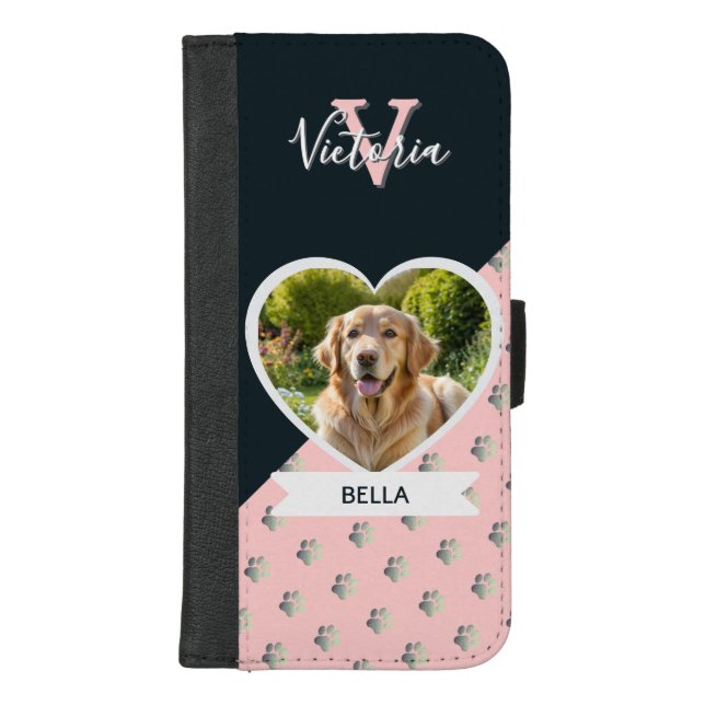 Dog Photo Heart Monogrammed Blush Pink iPhone Wallet Case (Front)