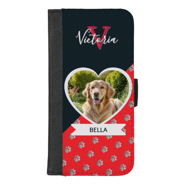 Dog Photo Heart Paw Prints Pattern Red Black iPhone Wallet Case (Front)