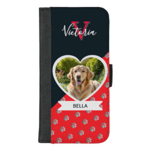 Dog Photo Heart Pawprints Pattern Red Black iPhone 8/7 Plus Wallet Case
