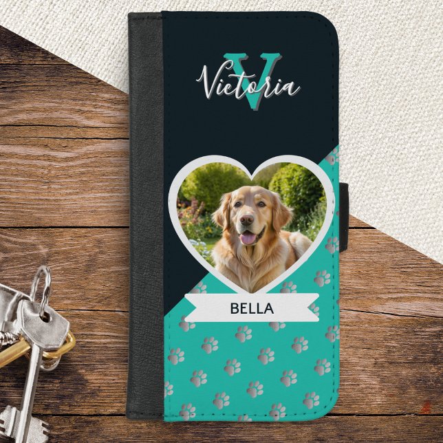 Dog Photo Heart Pawprints Pattern Turquoise iPhone Wallet Case (A monogrammed phone case in turquoise and black, with custom pet photo and glitter-effect pawprints)