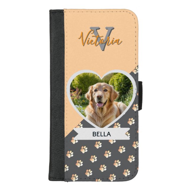 Dog Photo Heart with Pawprints Peach Monogrammed iPhone Wallet Case (Front)