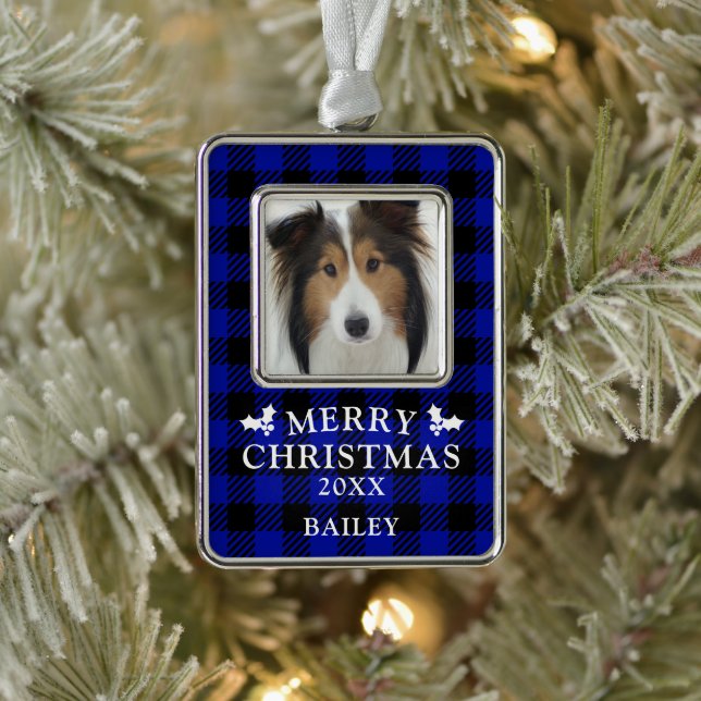Dog Photo Merry Christmas Blue Buffalo Check  Christmas Ornament (Tree)