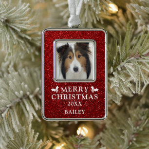 Dog Photo Merry Christmas Red Glitter Name Ornament