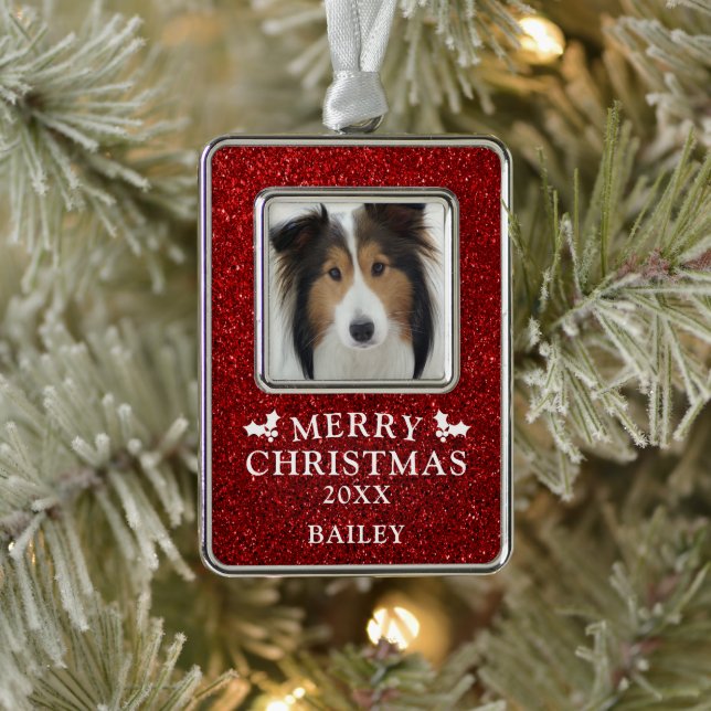 Dog Photo Merry Christmas Red Glitter Name Ornament (Tree)