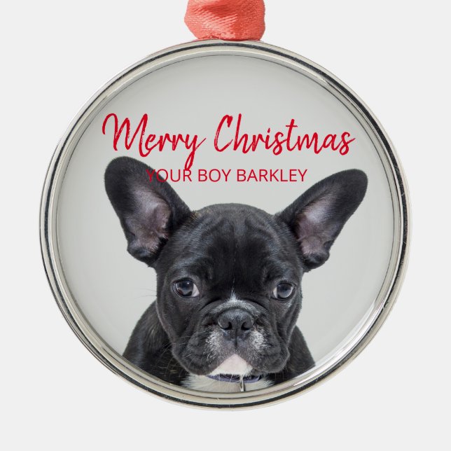 Dog Photo Merry Christmas Your Boy Or Girl Name Metal Ornament (Front)
