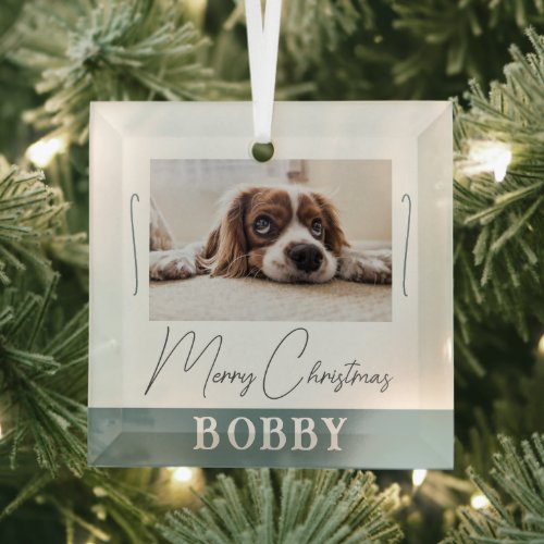 Dog Photo Minimalist Merry Christmas  Glass Ornament