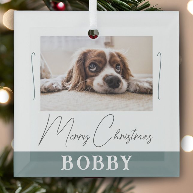 Dog Photo Minimalist Merry Christmas  Glass Ornament (Creator Uploaded)